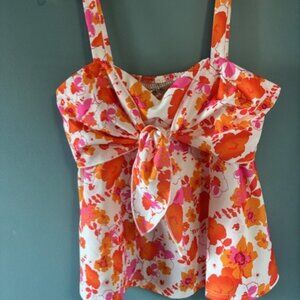 Grace Karin XL Tank Top Pink Orange White Floral Front Tie Sweetheart Boho Bold